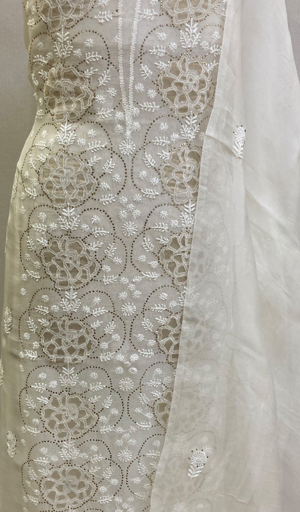 Women's Lakhnavi Handcrafted Pure Organza Chikankari Unstitched Kurta And Dupatta Set- HONC0222853