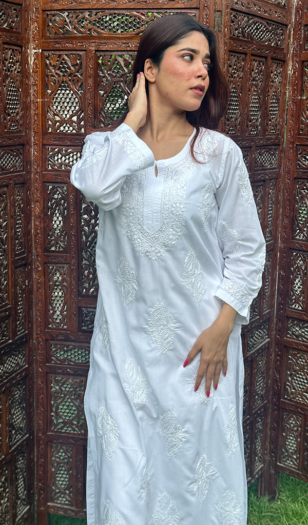 Lakhnavi 手工制作 Mulmul 棉 Chikankari Kurti- HONC00129536