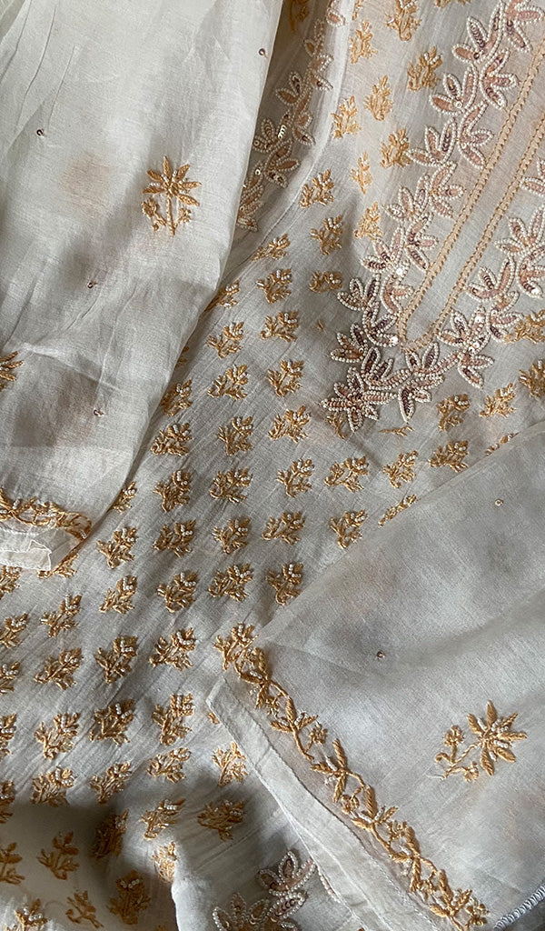 Saziya Women's Lakhnavi Handcrafted Mul Chanderi Semi - Stitched Kurta And Dupatta Set - HONC0222865