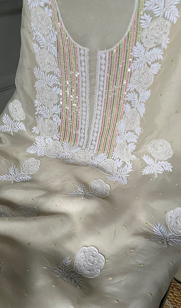 Women's Lakhnavi Handcrafted Pure Organza Chikankari Unstitched Kurta And Dupatta Set- HONC0300419