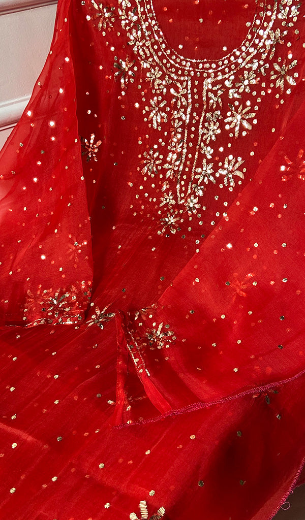 Marifa Women's Lakhnavi Handcrafted Pure Organza Chikankari Semi - Stitched Kurta And Dupatta Set - HONC0186598