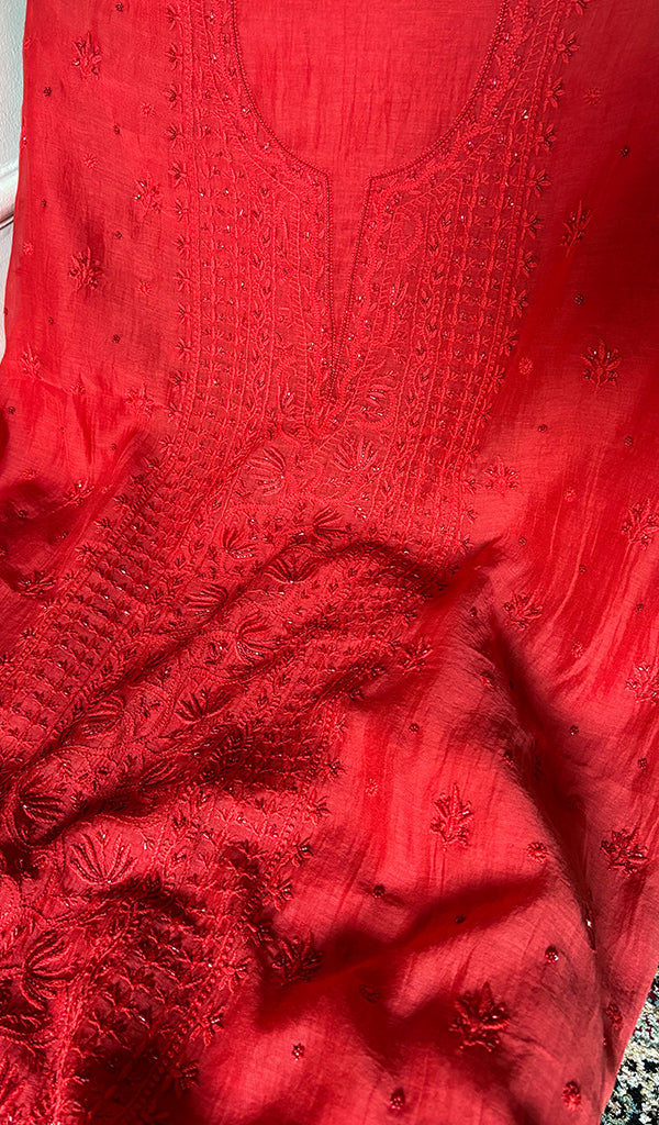 Women's Lakhnavi Handcrafted Mul Chanderi Unstitched Chikankari Full Suit Material - HONC0344340