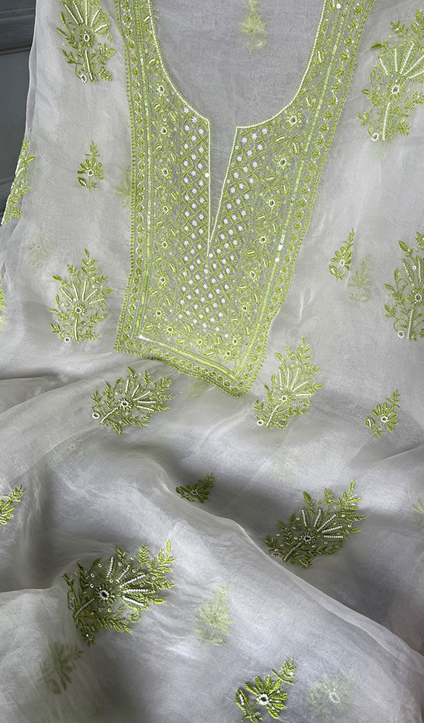 Women's Lakhnavi Handcrafted Pure Organza Chikankari Unstitched Kurta And Dupatta Set- HONC0310181