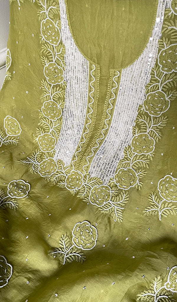 Women's Lakhnavi Handcrafted Pure Organza Chikankari Unstitched Kurta And Dupatta Set- HONC0295579