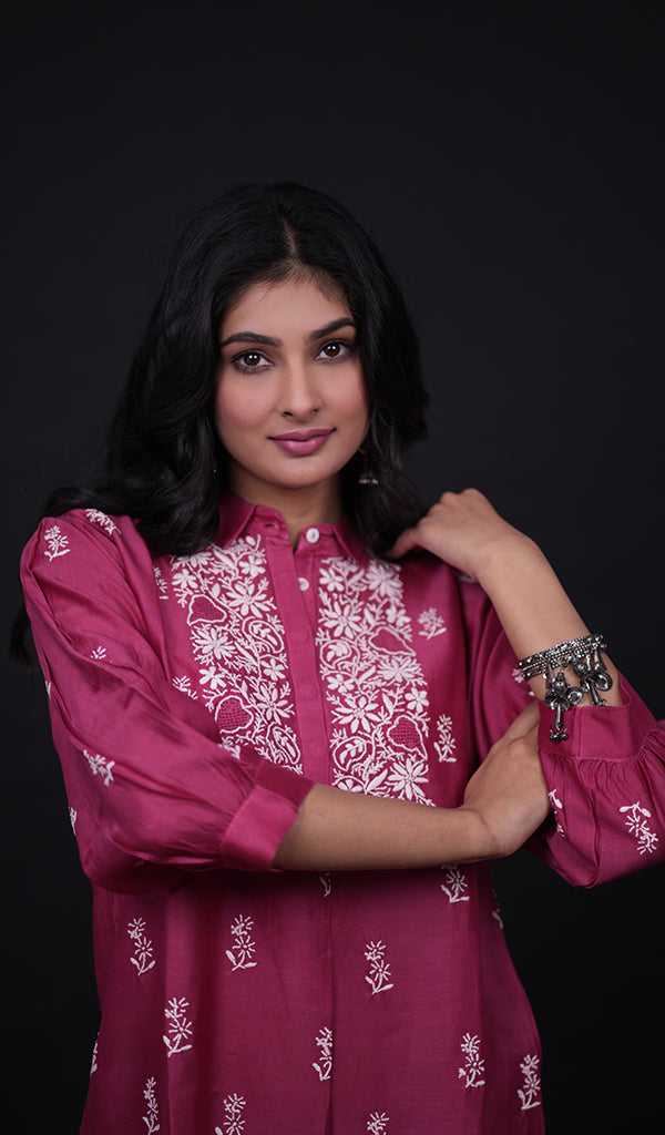 Women's Lakhnavi Handcrafted Chanderi Silk Chikankari Top and Pant Set - HONC0166319