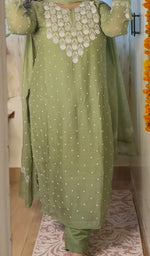 Load image into Gallery viewer, Jazba Women&#39;s Lakhnavi Handcrafted Mul Chanderi Chikankari Stitched Kurta, Dupatta And Pant Set - HONC07750JAZBA
