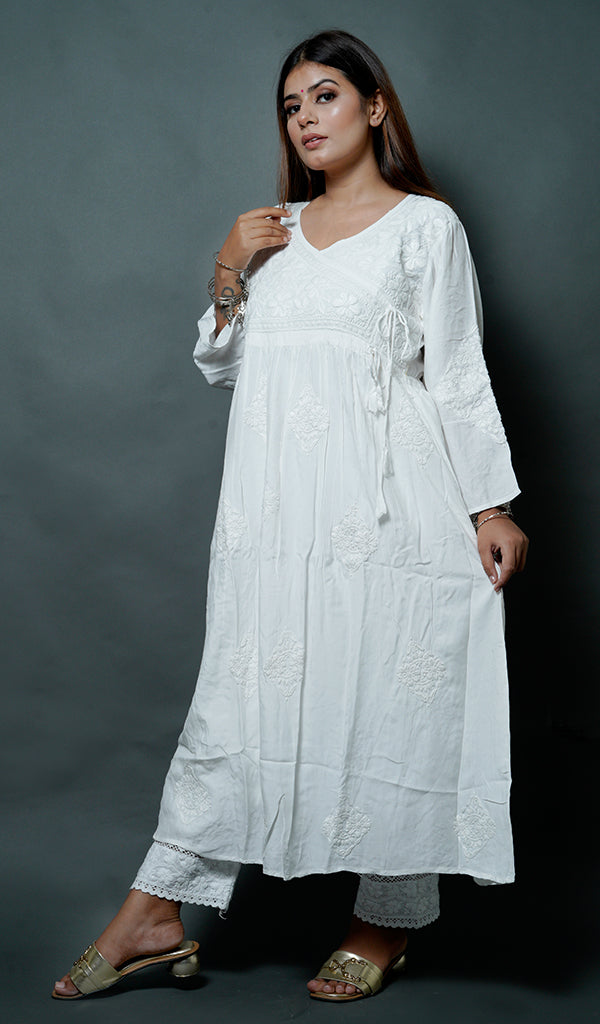 Women's Lucknowi Handcrafted Modal Cotton Chikankari Angrakha - HONC0137211