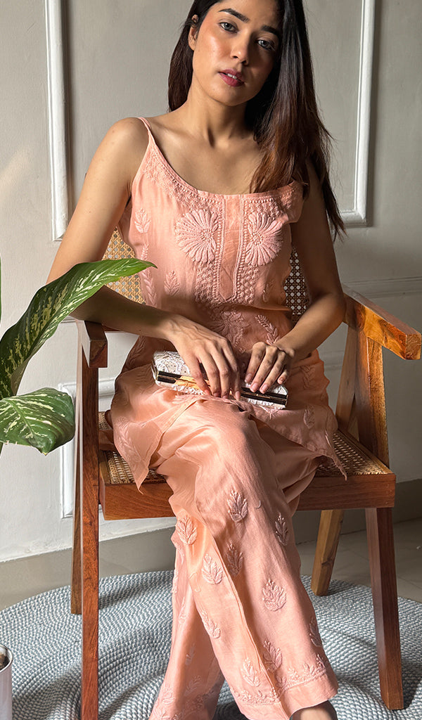 Amreena Women's Lakhnavi Handcrafted Chanderi Silk Chikankari Top And Pant Set - HONC0290577
