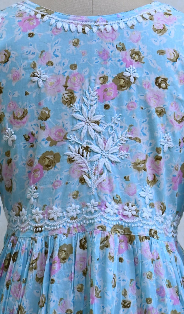 Women's Lakhnavi Handcrafted Printed Cotton Chikankari Dress - HONC034165