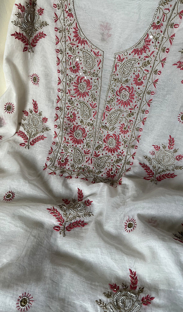 Women's Lakhnavi Handcrafted Mul Chanderi Unstitched Kurta And Dupatta Set - HONC0256380