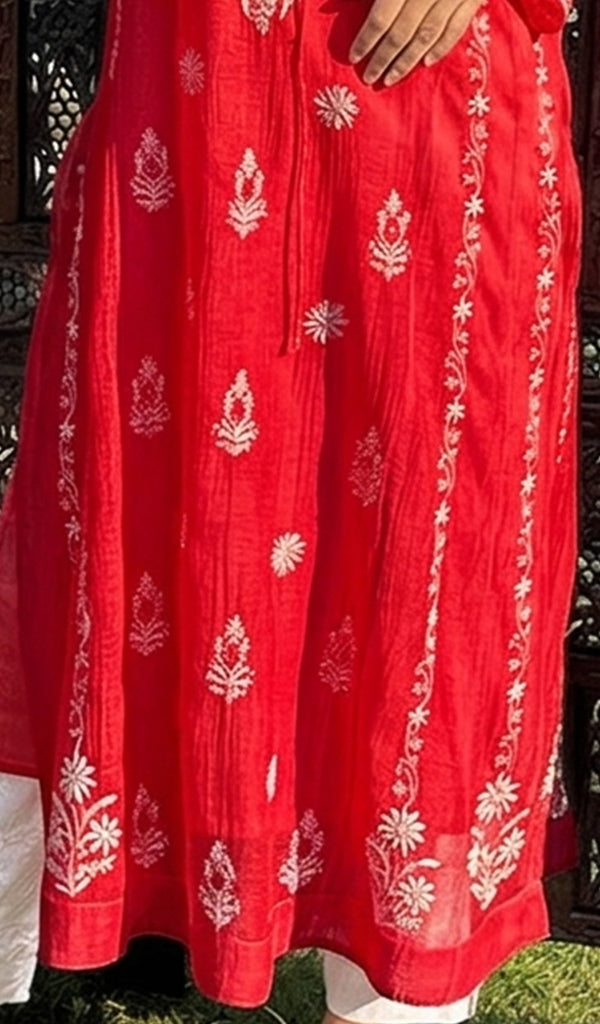 Nafasat Women's Lucknowi Handcrafted Mul Chanderi Chikankari Kurti - HONC07989505