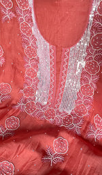 Load image into Gallery viewer, Women's Lakhnavi Handcrafted Pure Organza Chikankari Unstitched Kurta And Dupatta Set- HONC0309149