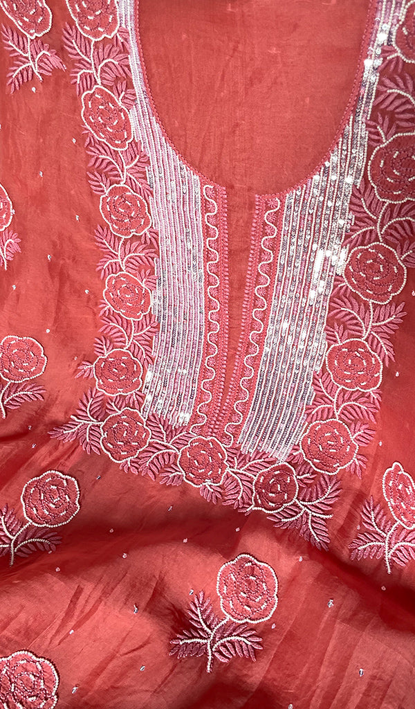 Women's Lakhnavi Handcrafted Pure Organza Chikankari Unstitched Kurta And Dupatta Set- HONC0309149