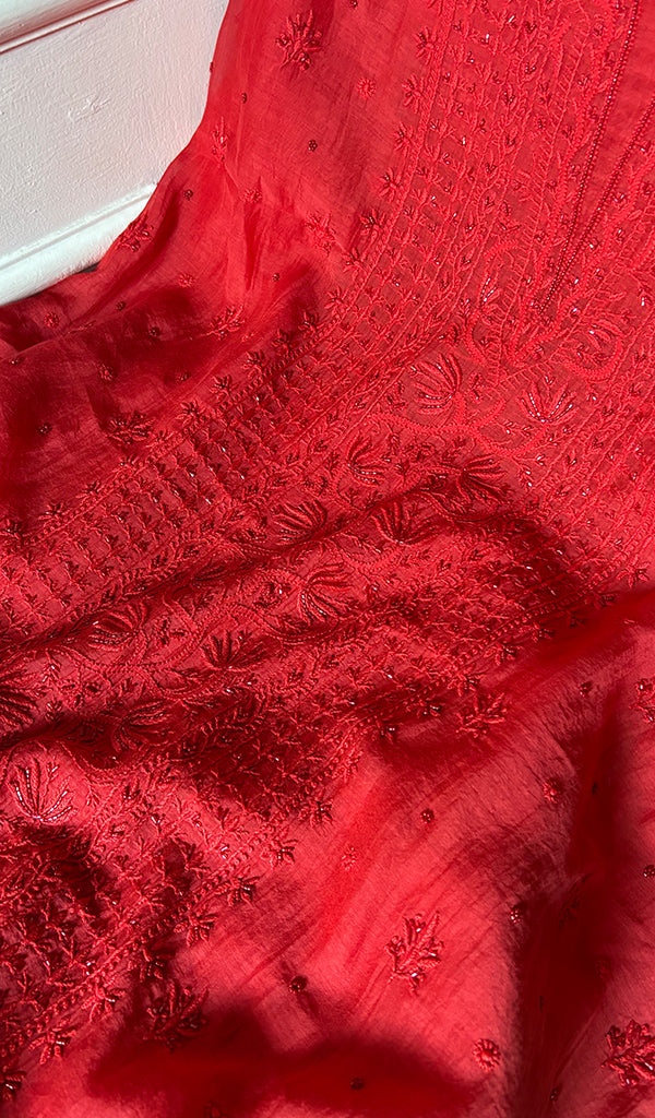 Women's Lakhnavi Handcrafted Mul Chanderi Unstitched Chikankari Full Suit Material - HONC0344340