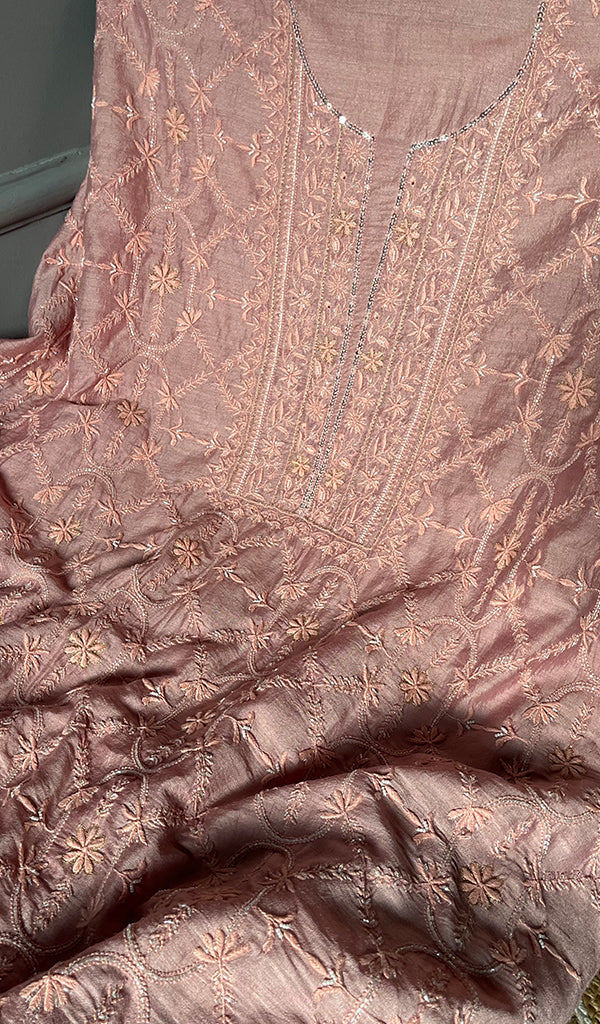 Women's Lakhnavi Handcrafted Munga Silk Unstitched Chikankari Kurta And Dupatta Set- HONC0278123