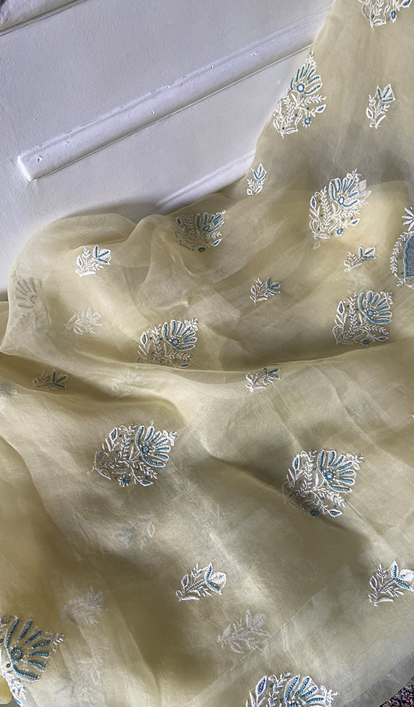 Women's Lakhnavi Handcrafted Pure Organza Chikankari Unstitched Kurta And Dupatta Set- HONC0304479