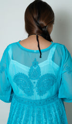 将图像加载到图库查看器中， Fiza Women&#39;s Lakhnavi Handcrafted Turquoise Faux-Georgette Chikankari Anarkali Dress - NC0854
