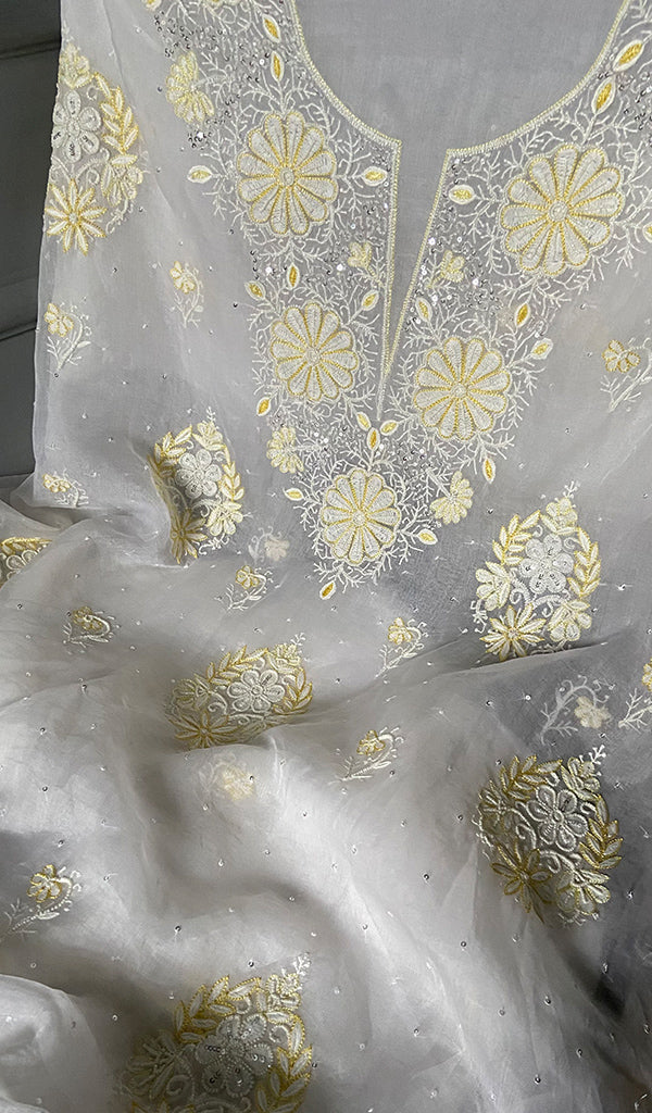Women's Lakhnavi Handcrafted Pure Organza Chikankari Unstitched Kurta And Dupatta Set- HONC0305096