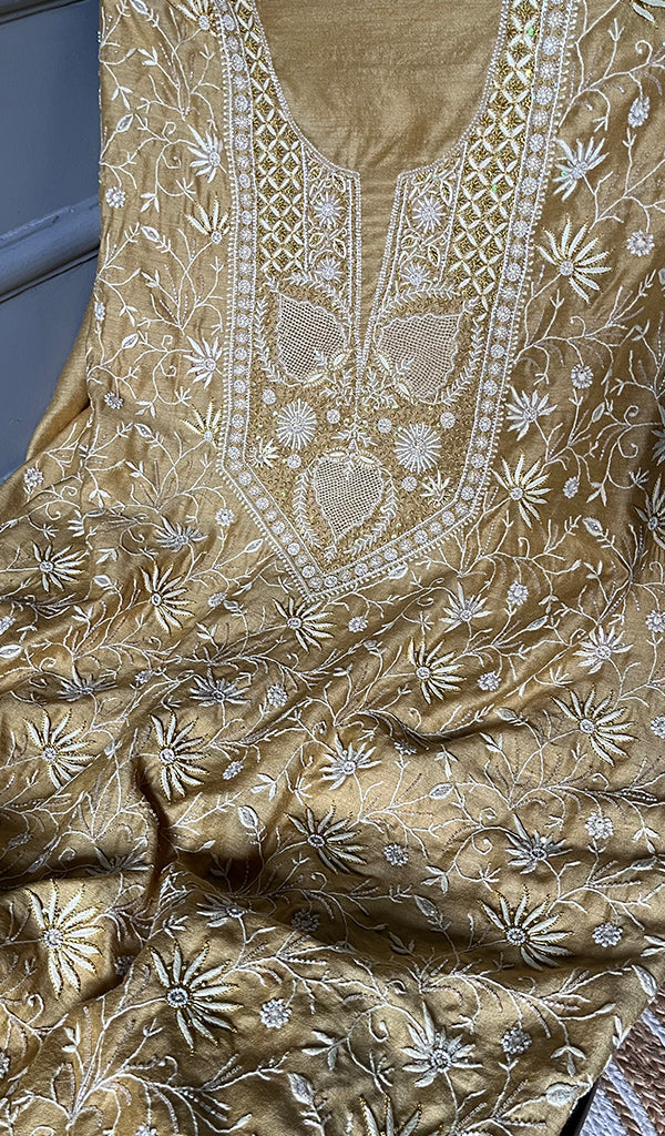 Women's Lakhnavi Handcrafted Munga Silk Unstitched Chikankari Kurta And Dupatta Set- HONC0278845