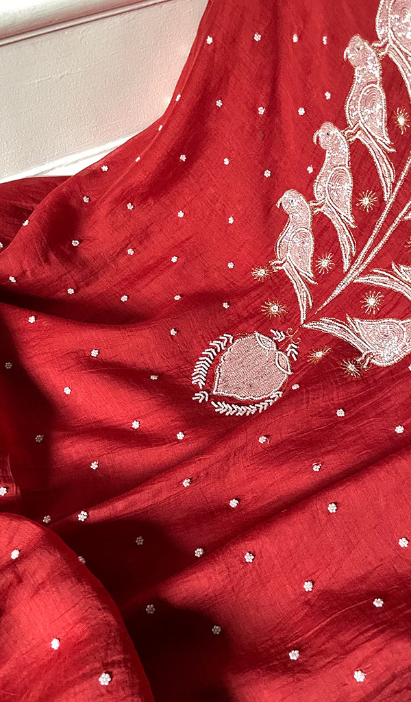 Chidiya Women's Lakhnavi Handcrafted Mul Chanderi Unstitched Kurta And Dupatta Set- HONC0323417