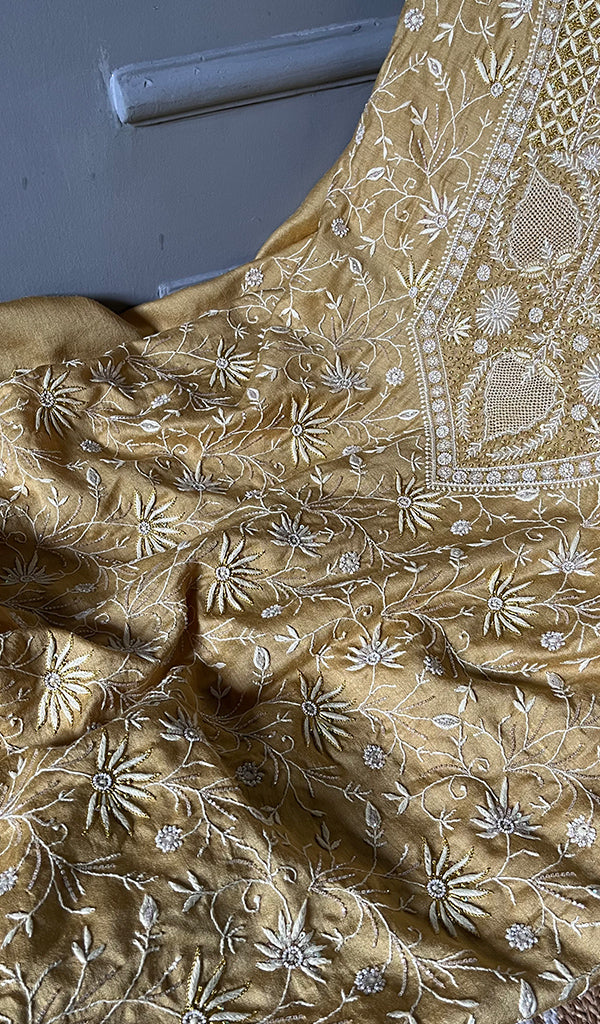 Women's Lakhnavi Handcrafted Munga Silk Unstitched Chikankari Kurta And Dupatta Set- HONC0278845