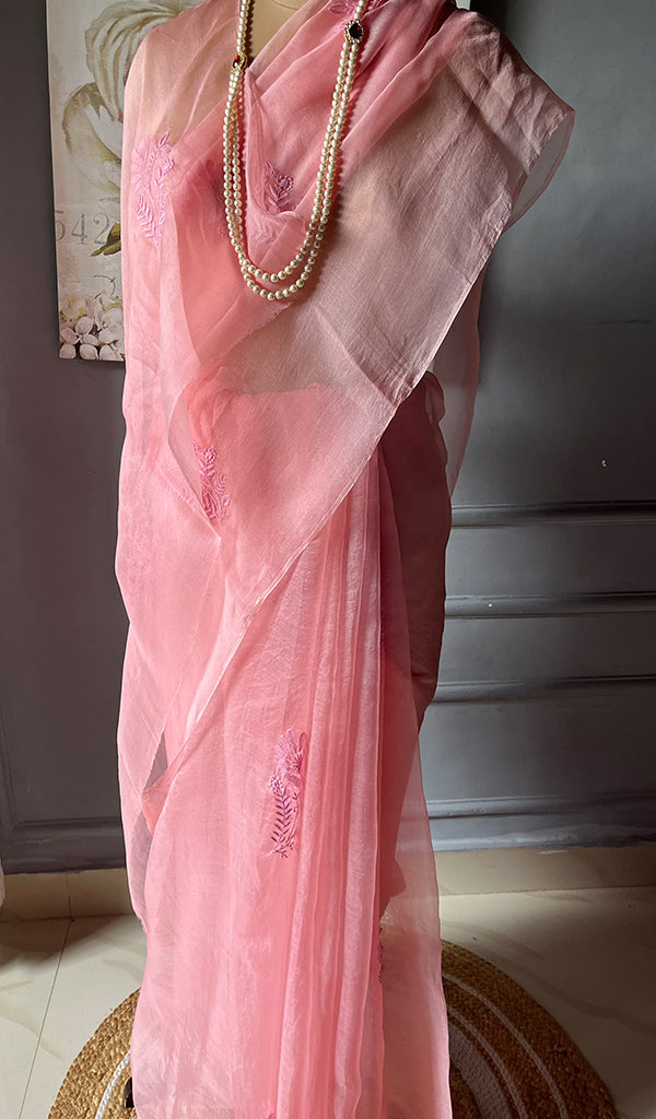 Women's Lucknowi Handcrafted Pure Organza Silk Chikankari Saree - HONC0268556