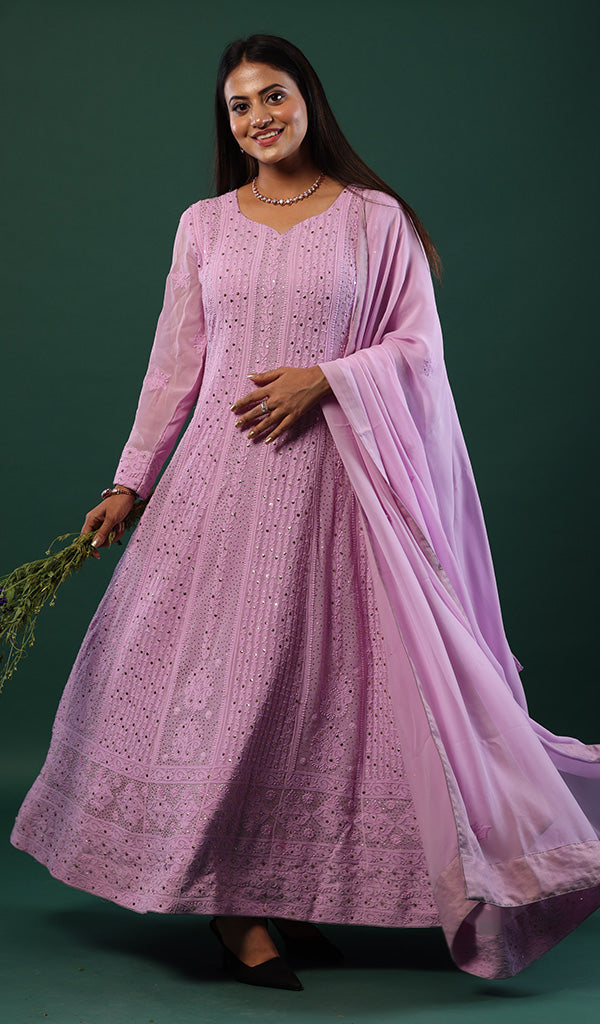 Women's Lucknowi Handcrafted Viscose Georgette Stitched Chikankari Anarkali Full Set- HONC078527