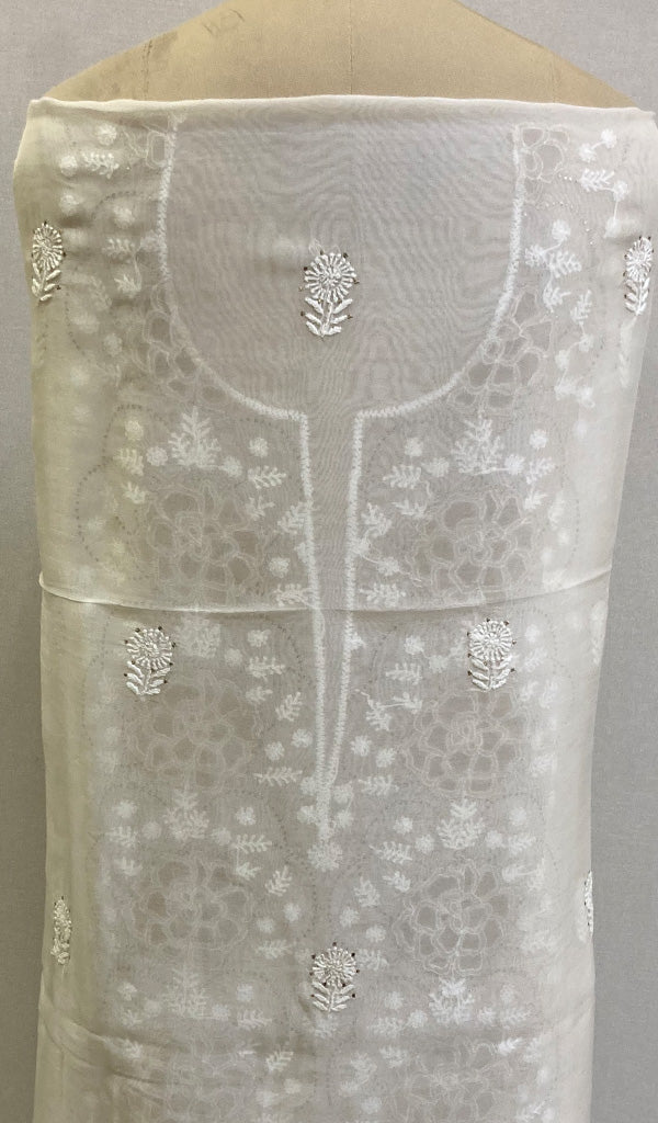 Women's Lakhnavi Handcrafted Pure Organza Chikankari Unstitched Kurta And Dupatta Set- HONC0222853