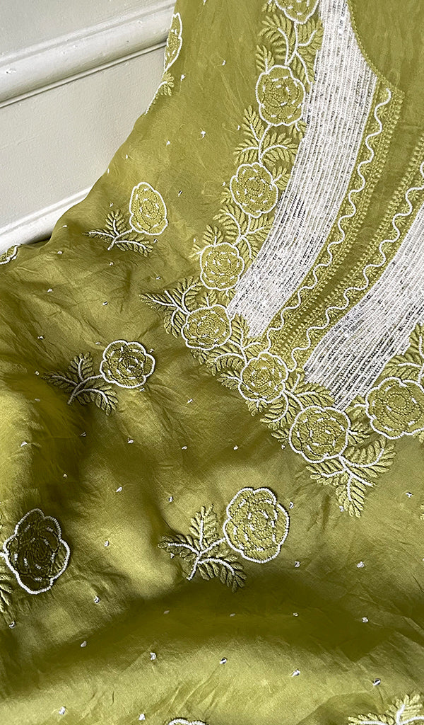 Women's Lakhnavi Handcrafted Pure Organza Chikankari Unstitched Kurta And Dupatta Set- HONC0295579