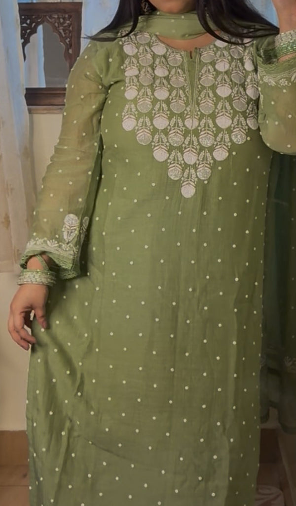 Jazba Women's Lakhnavi Handcrafted Mul Chanderi Chikankari Stitched Kurta, Dupatta And Pant Set - HONC07750JAZBA