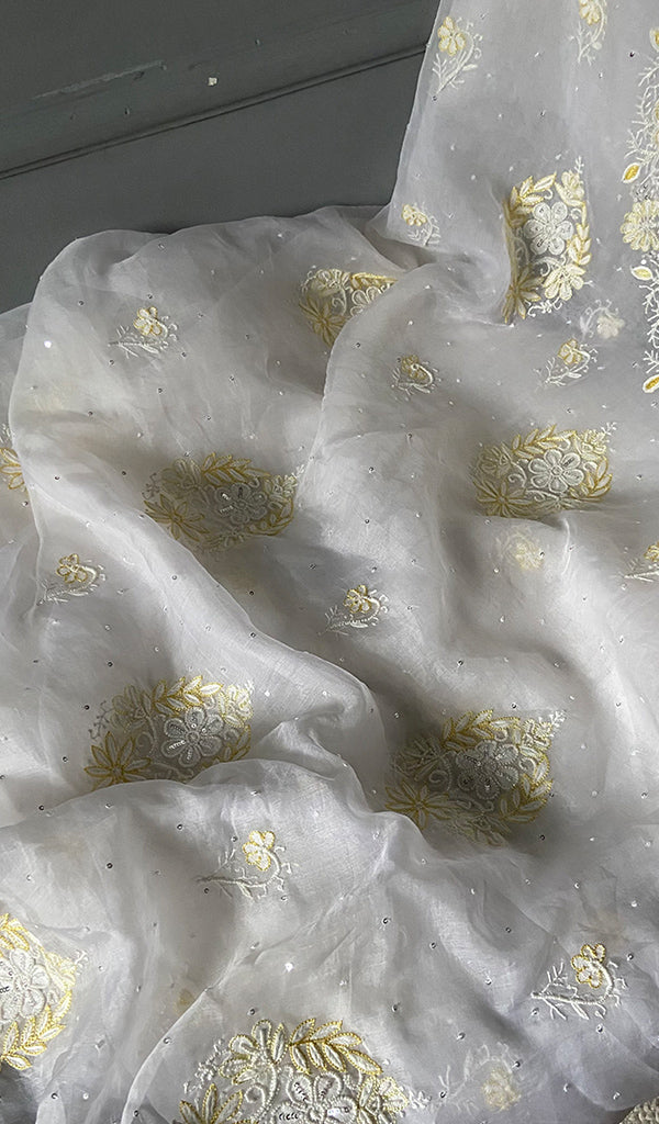 Women's Lakhnavi Handcrafted Pure Organza Chikankari Unstitched Kurta And Dupatta Set- HONC0305096