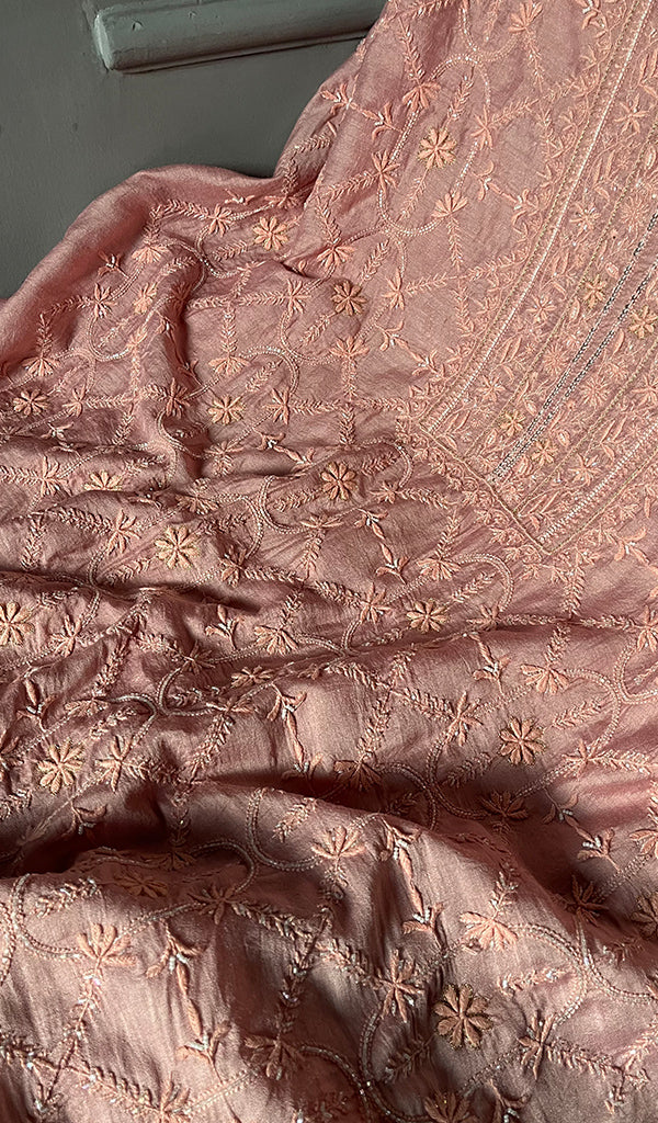 Women's Lakhnavi Handcrafted Munga Silk Unstitched Chikankari Kurta And Dupatta Set- HONC0278123