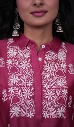 Load image into Gallery viewer, Women&#39;s Lakhnavi Handcrafted Chanderi Silk Chikankari Top and Pant Set - HONC0166319