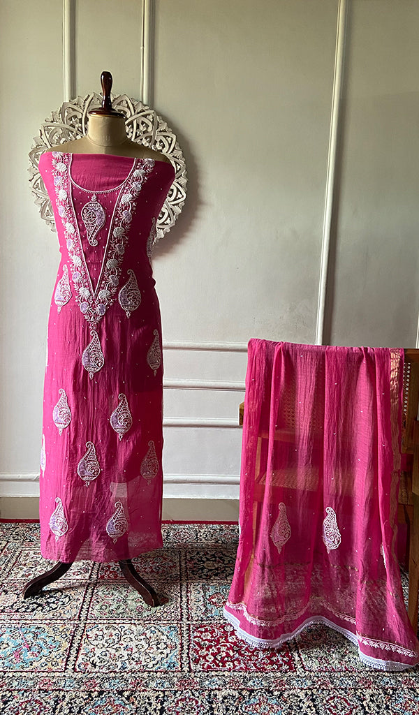 Shank Women's Lakhnavi Handcrafted Mul Chanderi Unstitched Kurta And Dupatta Set- HONC03148002