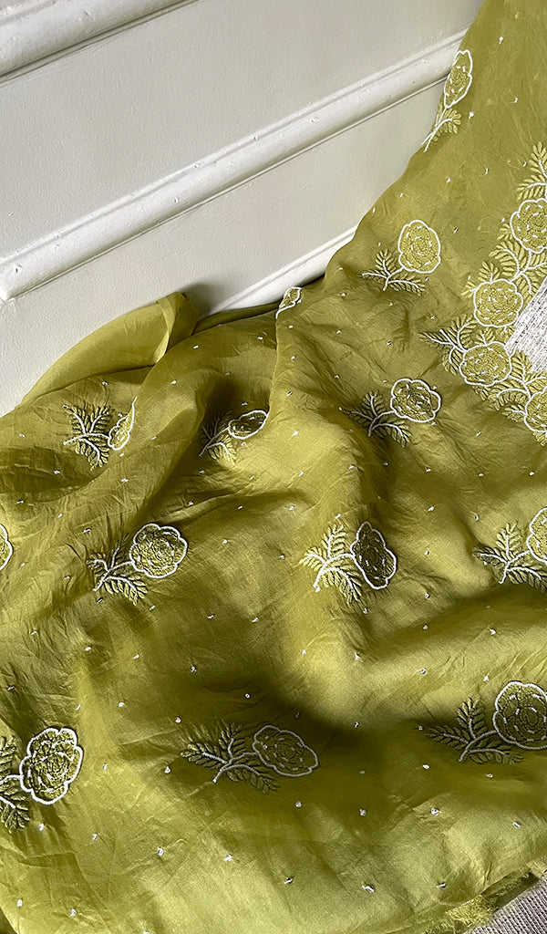 Women's Lakhnavi Handcrafted Pure Organza Chikankari Unstitched Kurta And Dupatta Set- HONC0295579