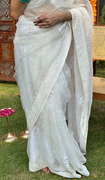 Load image into Gallery viewer, Women&#39;s Lucknowi Handcrafted Pure Organza Silk Chikankari Saree - HONC0217808
