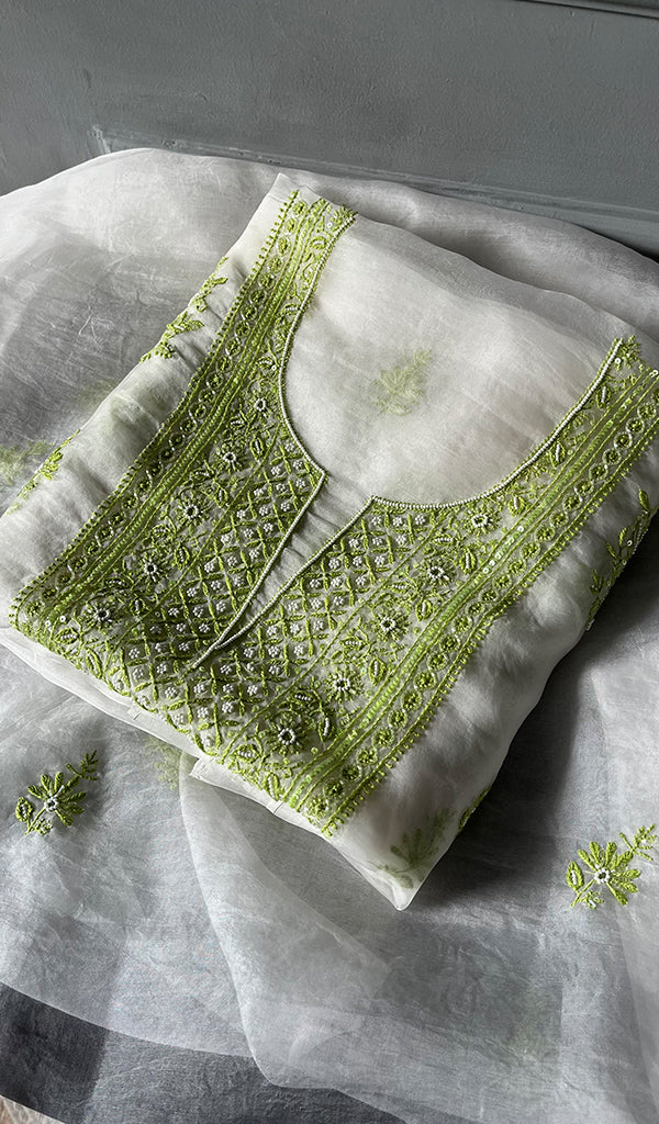 Women's Lakhnavi Handcrafted Pure Organza Chikankari Unstitched Kurta And Dupatta Set- HONC0310181