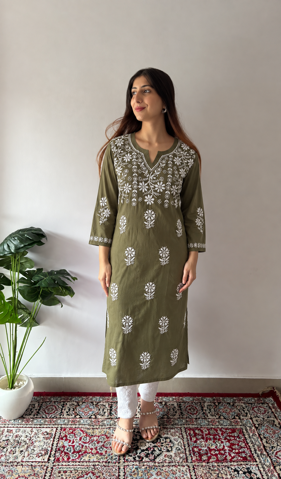 Mahek Women's Lucknowi Handcrafted Mul Cotton Chikankari KuRTI - HONC0110755