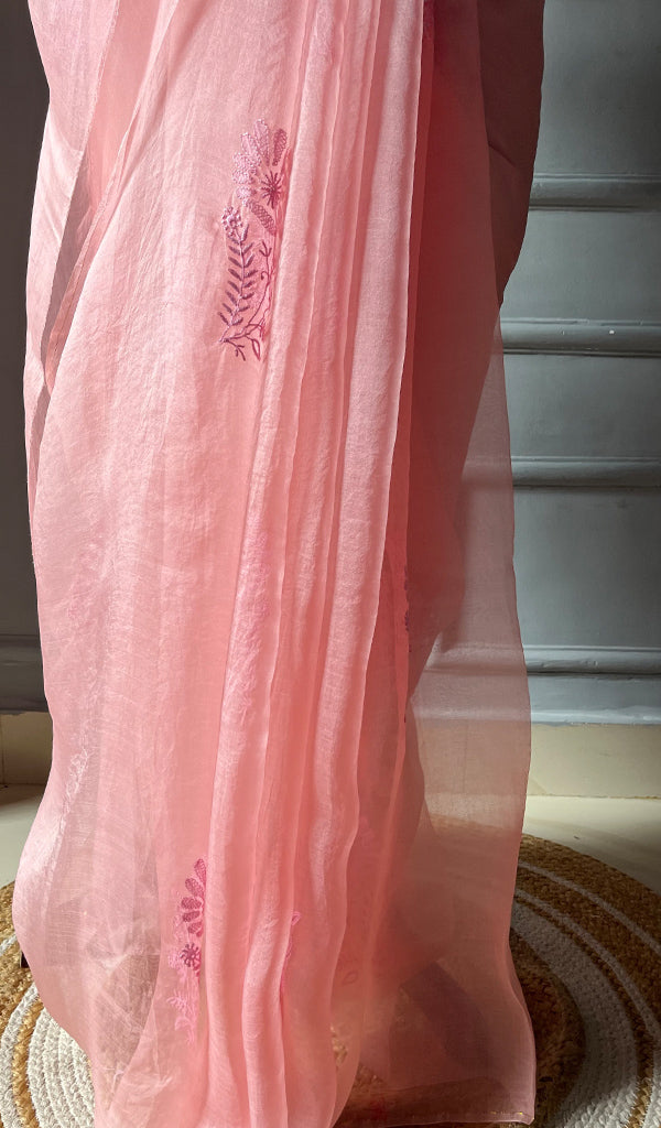 Women's Lucknowi Handcrafted Pure Organza Silk Chikankari Saree - HONC0268556