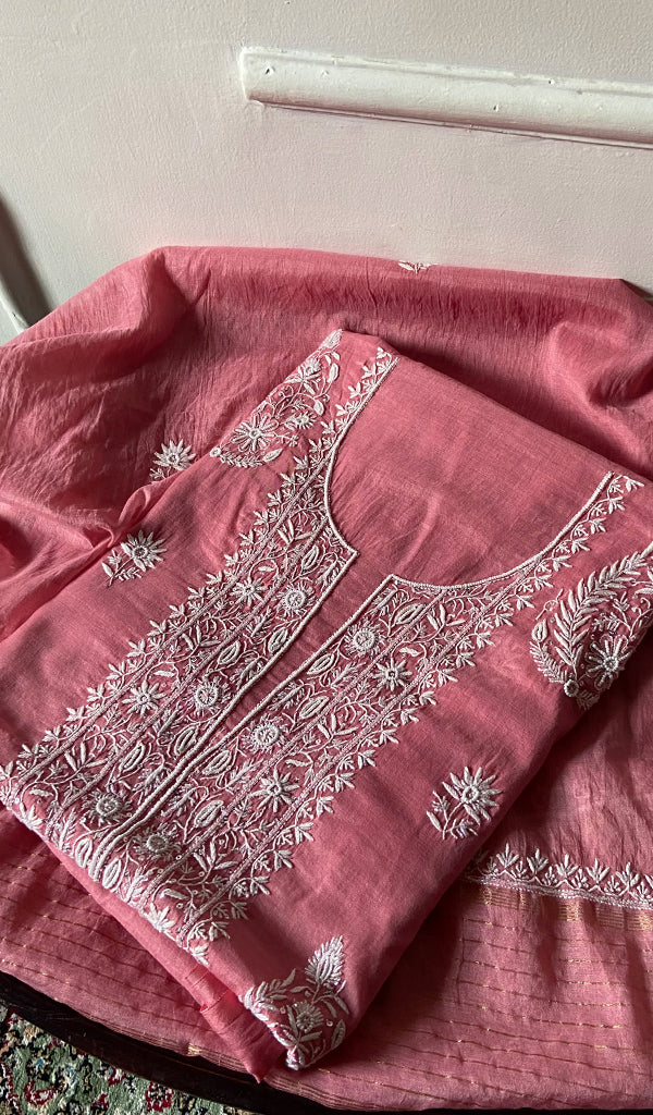 Women's Lakhnavi Handcrafted Mul Chanderi Unstitched Chikankari Full Suit Material - HONC0338252