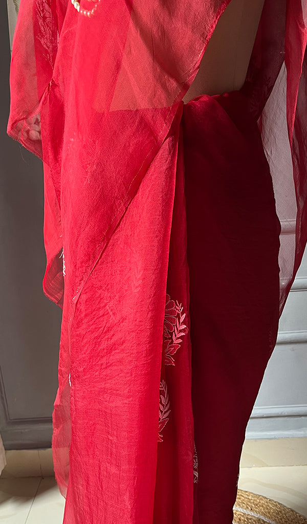 Women's Lucknowi Handcrafted Pure Organza Silk Chikankari Saree - HONC0230130