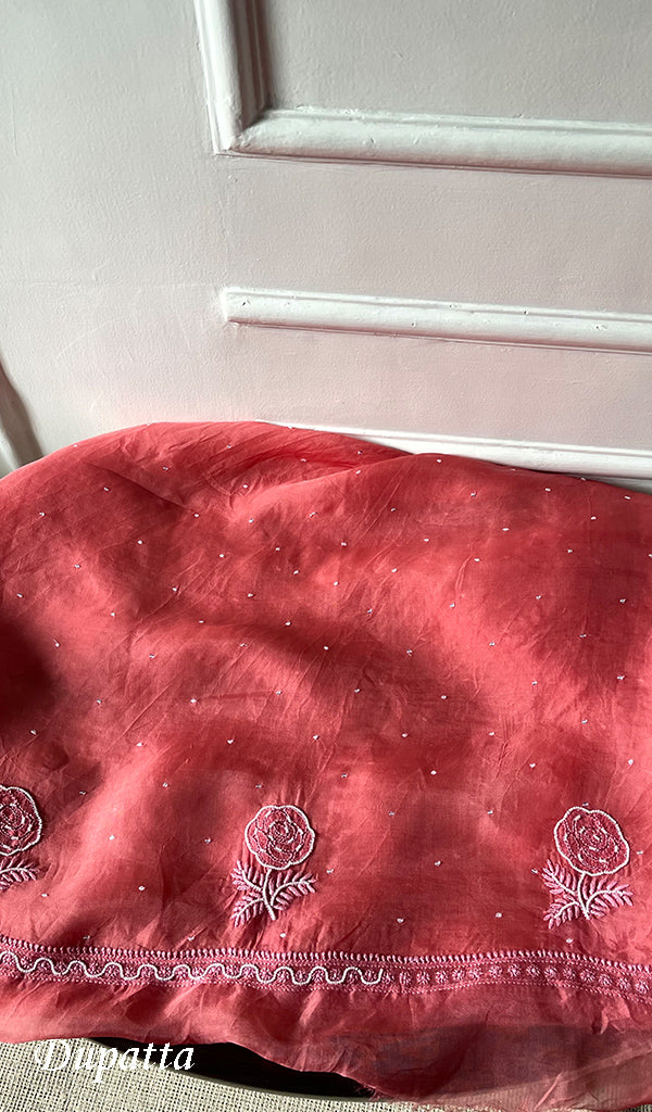 Women's Lakhnavi Handcrafted Pure Organza Chikankari Unstitched Kurta And Dupatta Set- HONC0309149