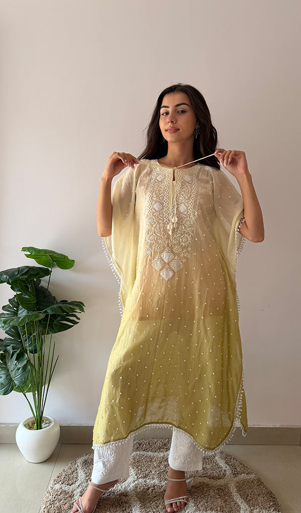 Pragya Women's Lucknowi Handcrafted Mul chanderi Chikankari Kaftan - HONC03615793