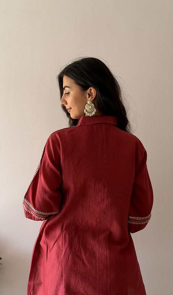 Women's Lakhnavi Handcrafted Chanderi Silk Chikankari Top And Pant Set - HONC0379822
