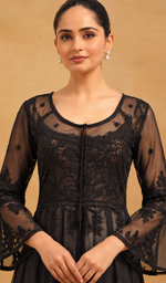 Aadab Women's Lucknowi Handcrafted Faux-Georgette Chikankari Anarkali Dress - HONC038952