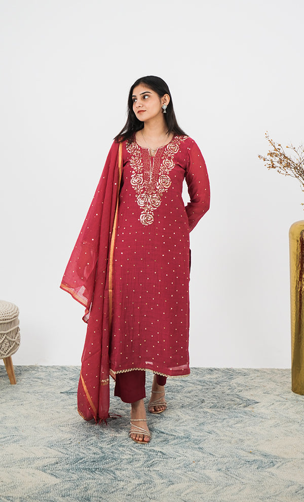Shanaya Women's Lakhnavi Handcrafted Mul Chanderi Chikankari Stitched Kurta, Dupatta And Pant Set - HONC0322416