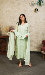将图像加载到图库查看器中， Women&#39;s Lakhnavi Handcrafted Mul Chanderi Chikankari Stitched Kurta, Dupatta And Pant Set - HONC0321289
