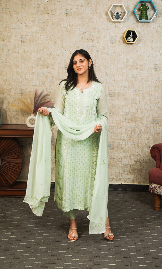 Saziya Women's Lakhnavi Handcrafted Mul Chanderi Chikankari Stitched Kurta, Dupatta And Pant Set - HONC0321289