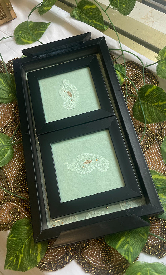 Handcrafted Chikankari Tray with Two Coasters – Wooden Frame - HONC0313525