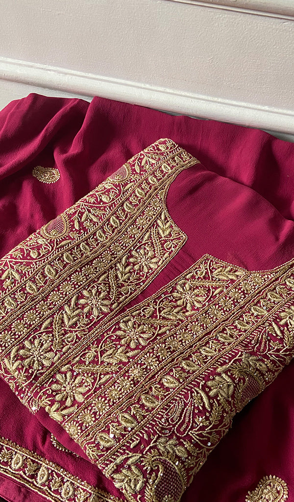 Women's Lakhnavi Handcrafted Pure Silk Georgette Chikankari Unstitched Kurta And Dupatta Set - HONC0329374